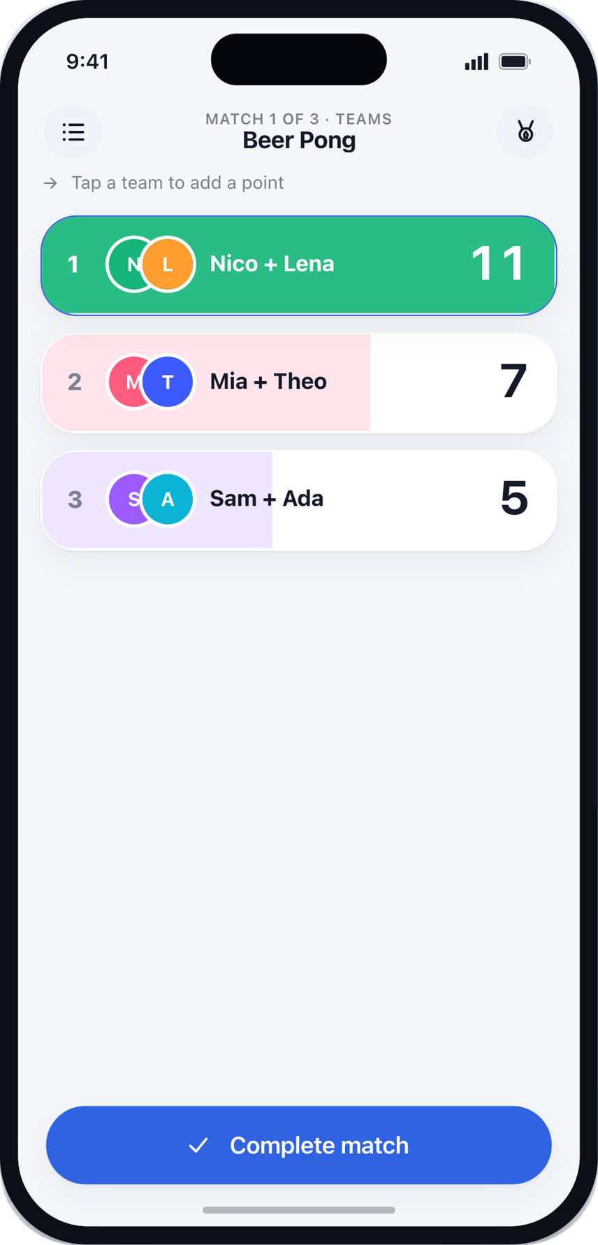 Adding points to a match with a single tap